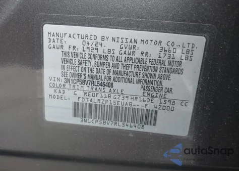 2024 Nissan Kicks S Xtronic Cvt z USA, uszkodzony, nr VIN 3N1CP5BV7RL546408